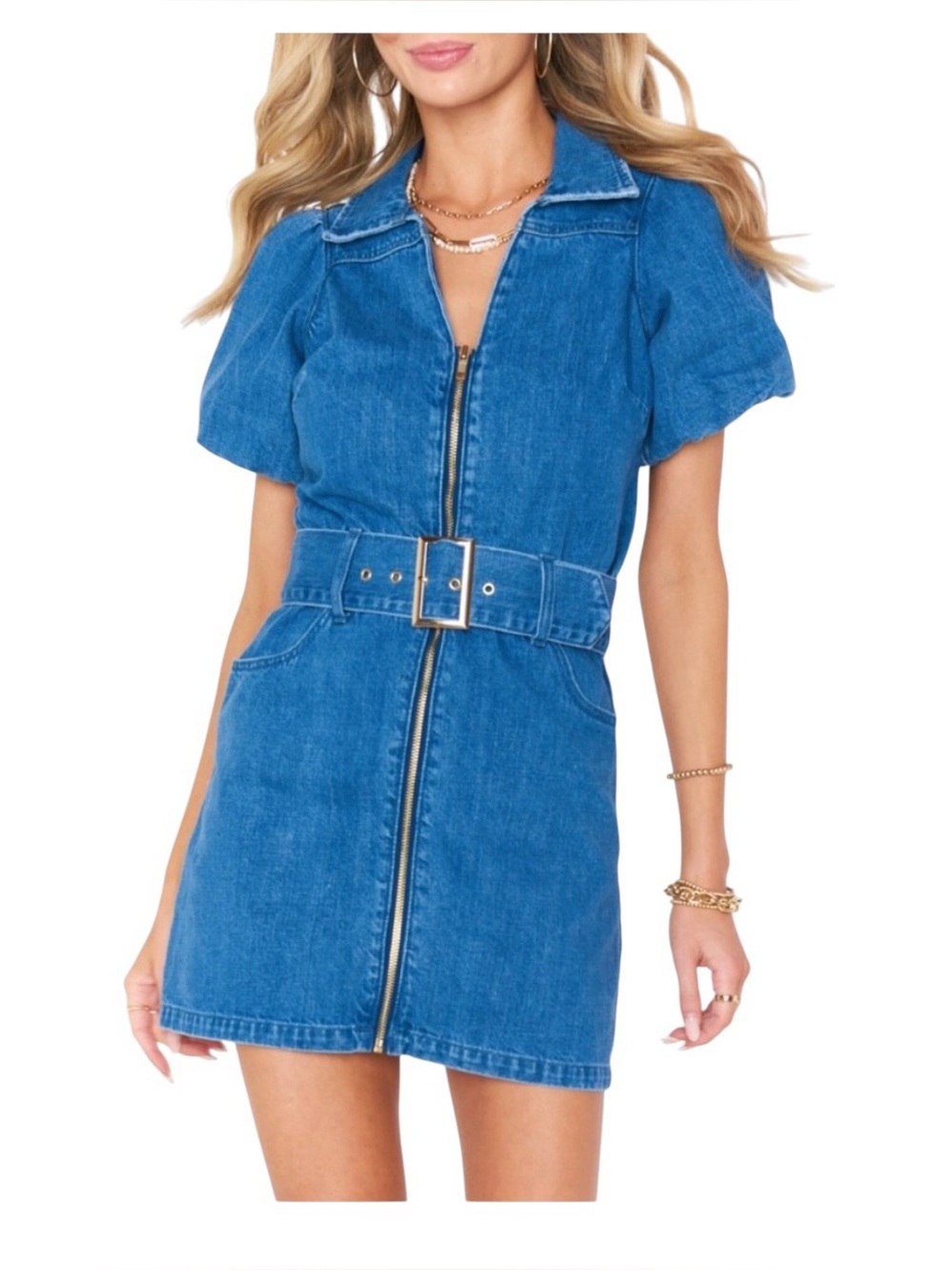 Show Me Your MuMu Oxford Puff Sleeve Belted Zip Up Mini Dress in Stormy Blue- XS